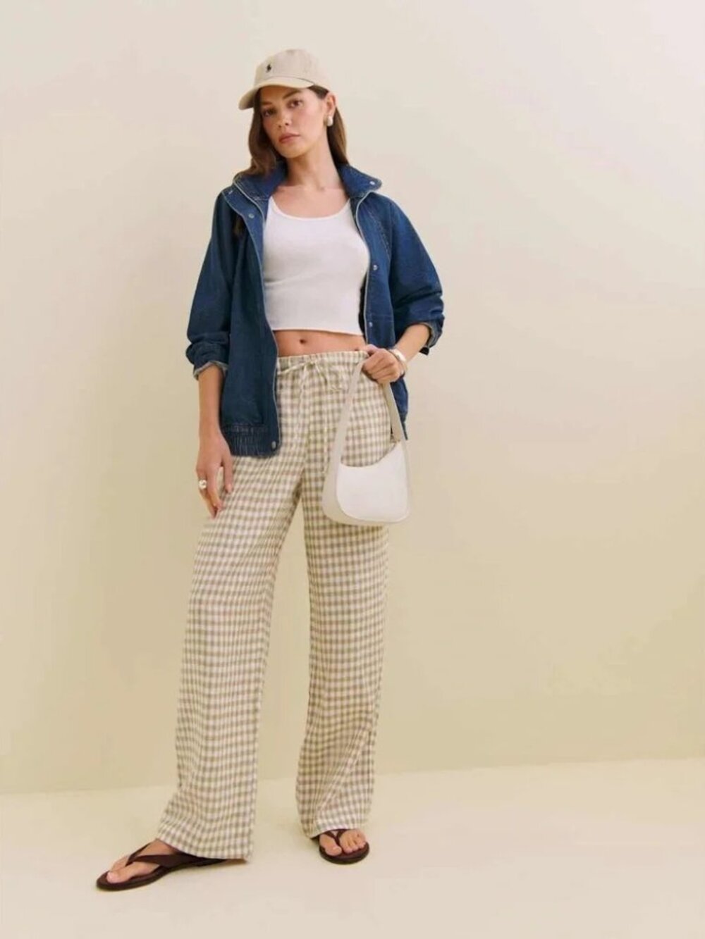 Reformation Olina Linen Pant in Dune Check